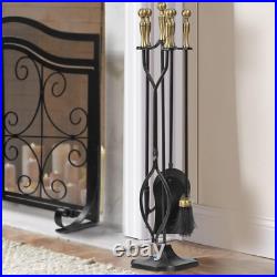 5 Pieces Fireplace Tools Sets Brass Handles Wrought Iron Set and Holder Indoor O