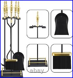 5 Pieces Fireplace Tools Sets Gold Handles Wrought Iron Set and Holder Fireset F