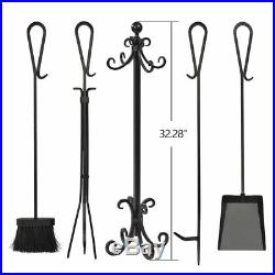 5 Pieces Scroll Fireplace Tools Set Black Cast Iron Fire Place Toolset with Log