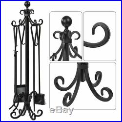 5 Pieces Scroll Fireplace Tools Set Black Cast Iron Fire Place Toolset with Log