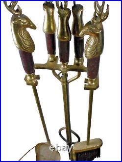 5 pc Deer Head Brass Wood Fireplace Tool Set with Stand Broom Shovel Poker & Tongs