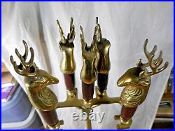 5 pc Deer Head Brass Wood Fireplace Tool Set with Stand Broom Shovel Poker & Tongs