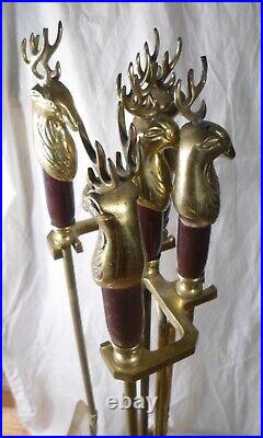 5 pc Deer Head Brass Wood Fireplace Tool Set with Stand Broom Shovel Poker & Tongs