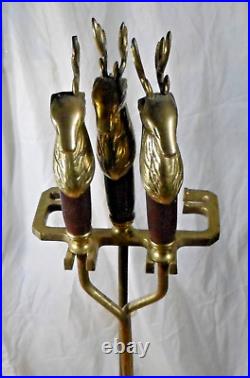 5 pc Deer Head Brass Wood Fireplace Tool Set with Stand Broom Shovel Poker & Tongs