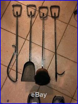 5 pc Large Unique Fireplace Tools Set Antique Arts & Crafts + Andirons Hand Made