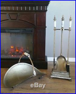 5-piece Brass & Marble Fireplace Tool Set with Matching Wood Carrier