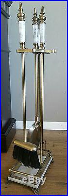 5-piece Brass & Marble Fireplace Tool Set with Matching Wood Carrier