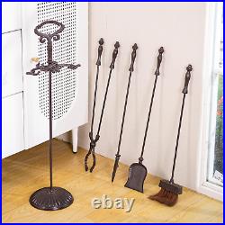 5PC Cast Iron Fireplace Tools Set, Heavy-Duty Large Fire Tool Set, Rustic Brown
