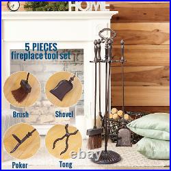 5PC Cast Iron Fireplace Tools Set, Heavy-Duty Large Fire Tool Set, Rustic Brown
