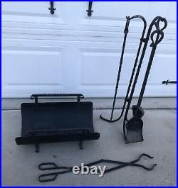 6 Pc Companion Fireplace Tool Set w Log Holder Hvy Iron Crafted Vtg Forged