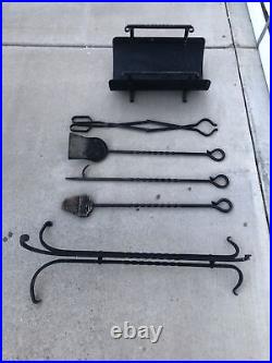 6 Pc Companion Fireplace Tool Set w Log Holder Hvy Iron Crafted Vtg Forged