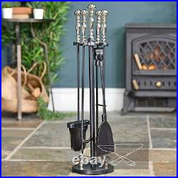 66cm Tall Black Iron & Nickel Regal Fireside Companion Set Fireplace Tool Set