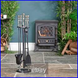 66cm Tall Black Iron & Nickel Regal Fireside Companion Set Fireplace Tool Set