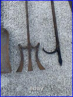 7 Pc Hand Forged Iron Fireplace Set including Andirons