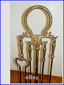 ANTIQUE ARTS & CRAFTS Hand Forged Five Piece Fireplace Tool Set Lucky Horseshoe