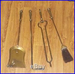 ANTIQUE ARTS & CRAFTS Hand Forged Five Piece Fireplace Tool Set Lucky Horseshoe