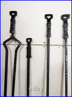 ANTIQUE Arts & Crafts Forged CAHILL CAST IRON FIREPLACE TOOLS SET Art Deco Vtg