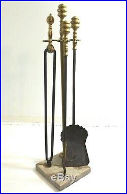 ANTIQUE FEDERAL BRASS FIREPLACE TOOL SET With MARBLE BASE HOLDER EARLY 1800'S