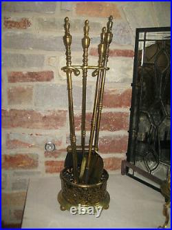 ANTIQUE ORNATE BRASS 5PC FIREPLACE HEARTH TOOLS SET Vtg Solid Brass Mid Century