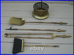 ANTIQUE ORNATE BRASS 5PC FIREPLACE HEARTH TOOLS SET Vtg Solid Brass Mid Century