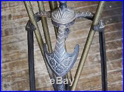 Antique Victorian Old Cast Iron Egyptian Revival Aesthetic Fireplace Tool Set