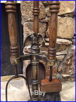 Antique Vintage 3 Pc Fireplace Tools Shovel Brush Poker W American Eagle Stand