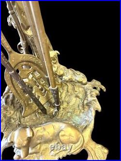 ART NOUVEAU Solid BRASS Fireplace Tool Set Dog Hunt Hollywood Regency