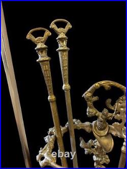 ART NOUVEAU Solid BRASS Fireplace Tool Set Dog Hunt Hollywood Regency