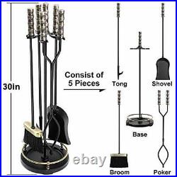 Amagabeli 30in Fireplace Tools Set Brass Handle 5Pieces Wrought Iron Indoor F