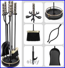 Amagabeli 30in Fireplace Tools Set Brass Handle 5Pieces Wrought Iron Indoor Fire