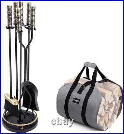 Amagabeli 30in Fireplace Tools Set Brass Handle Bundle Firewood Carrier Tote Wax