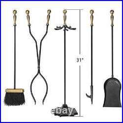 Amagabeli 5 Pieces Fireplace Tools Sets Brass Handles Wrought Iron Set and Holde