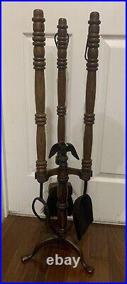 Americana Fireplace Tools Hearth Fire Set Eagle Topper Vintage Heavy Iron /Wood