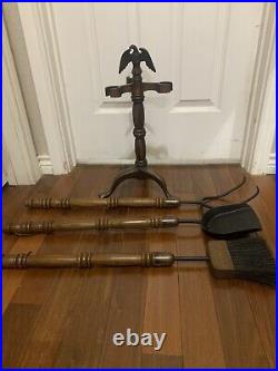 Americana Fireplace Tools Hearth Fire Set Eagle Topper Vintage Heavy Iron /Wood