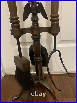 Americana Fireplace Tools Hearth Fire Set Eagle Topper Vintage Heavy Iron /Wood