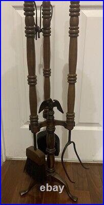 Americana Fireplace Tools Hearth Fire Set Eagle Topper Vintage Heavy Iron /Wood