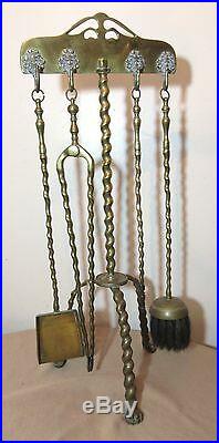 Antique 1800's 19th century ornate brass claw footed swirl fireplace tool set