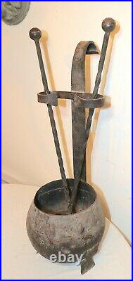 Antique 1800's handmade wrought iron fireplace poker shovel tool set coal bucket