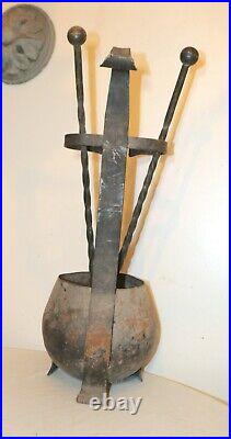 Antique 1800's handmade wrought iron fireplace poker shovel tool set coal bucket