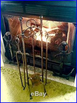 Antique 1900 Art Nouveau Arts & Crafts Fireplace Tools Set 4ps HAND WROUGHT IRON