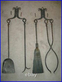 Antique 1908 Wrought Iron 6-Piece FIREPLACE TOOL SET Wall Hung. Beautiful Patina