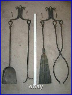 Antique 1908 Wrought Iron 6-Piece FIREPLACE TOOL SET Wall Hung. Beautiful Patina