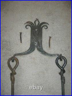 Antique 1908 Wrought Iron 6-Piece FIREPLACE TOOL SET Wall Hung. Beautiful Patina