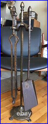 Antique 20's Cahill Arts & Crafts Iron Fireplace Set 4 Tools & Stand