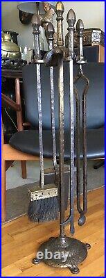 Antique 20's Cahill Arts & Crafts Iron Fireplace Set 4 Tools & Stand