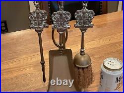 Antique (5) PC Brass Tabletop Fireplace Tool Set Scientia Et Labor Detur Crest