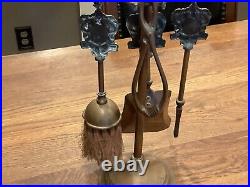 Antique (5) PC Brass Tabletop Fireplace Tool Set Scientia Et Labor Detur Crest