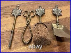 Antique (5) PC Brass Tabletop Fireplace Tool Set Scientia Et Labor Detur Crest