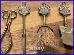 Antique (5) PC Brass Tabletop Fireplace Tool Set Scientia Et Labor Detur Crest