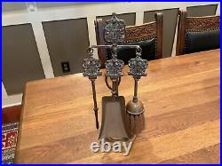 Antique (5) PC Brass Tabletop Fireplace Tool Set Scientia Et Labor Detur Crest